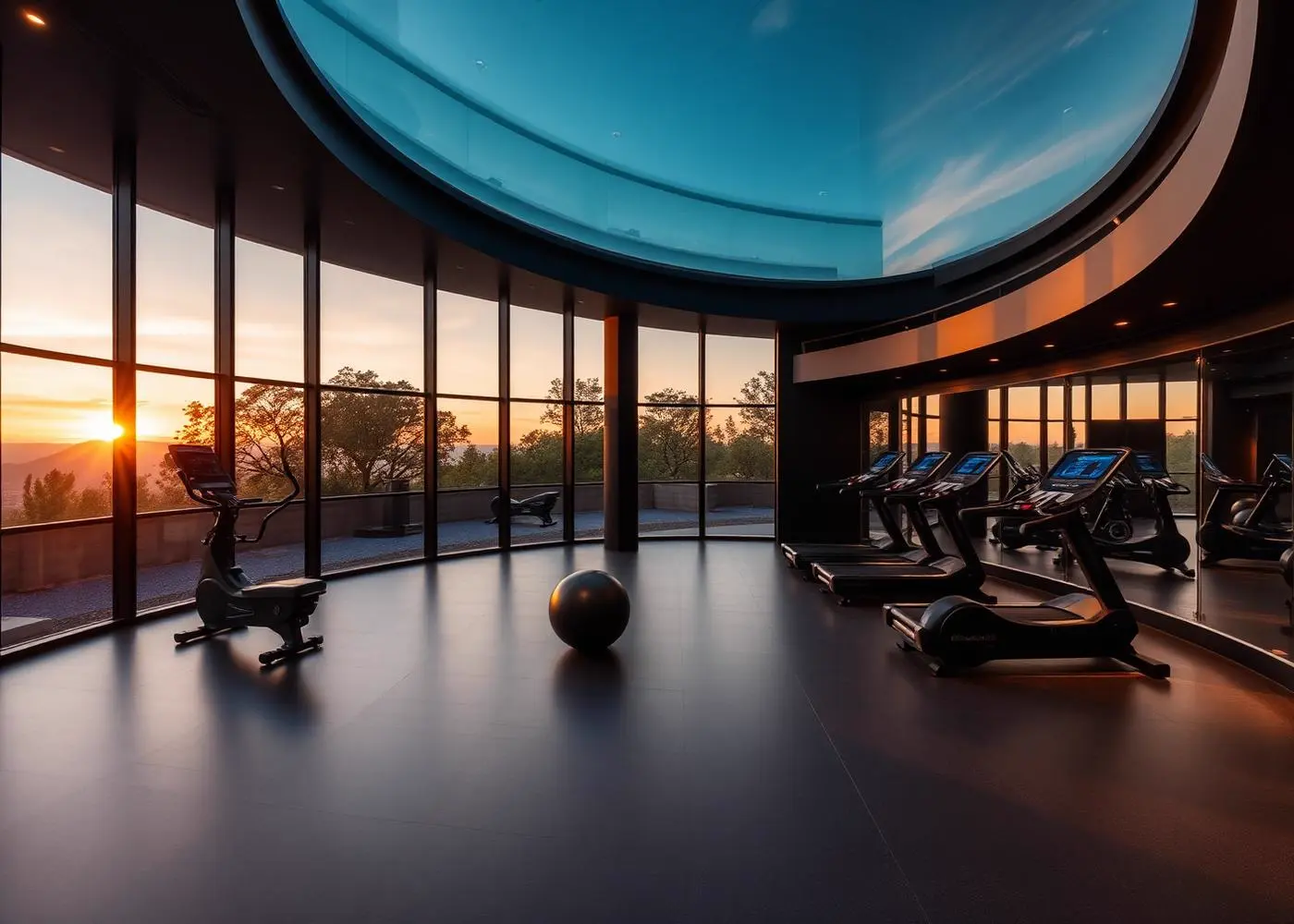 Academia do Legend com vidros panorâmicos curvos e vista para o nascer do sol