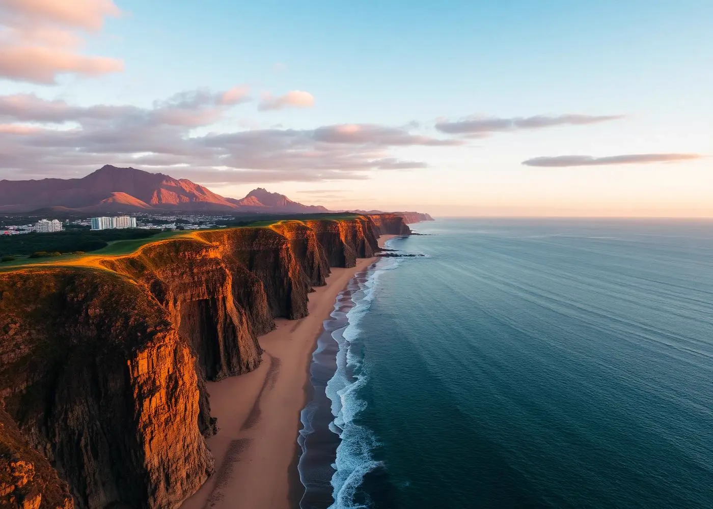 Vista aérea do litoral de Torres, no Rio Grande do Sul, com falésias de basalto e praia ao pôr do sol