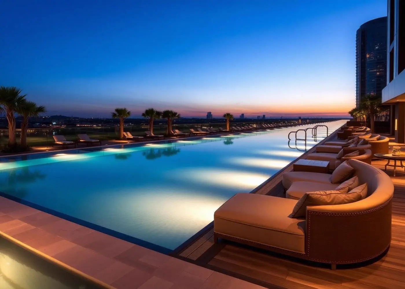 Lounge das águas do Legend integrado à borda de vidro da piscina, com poltronas curvas ao entardecer