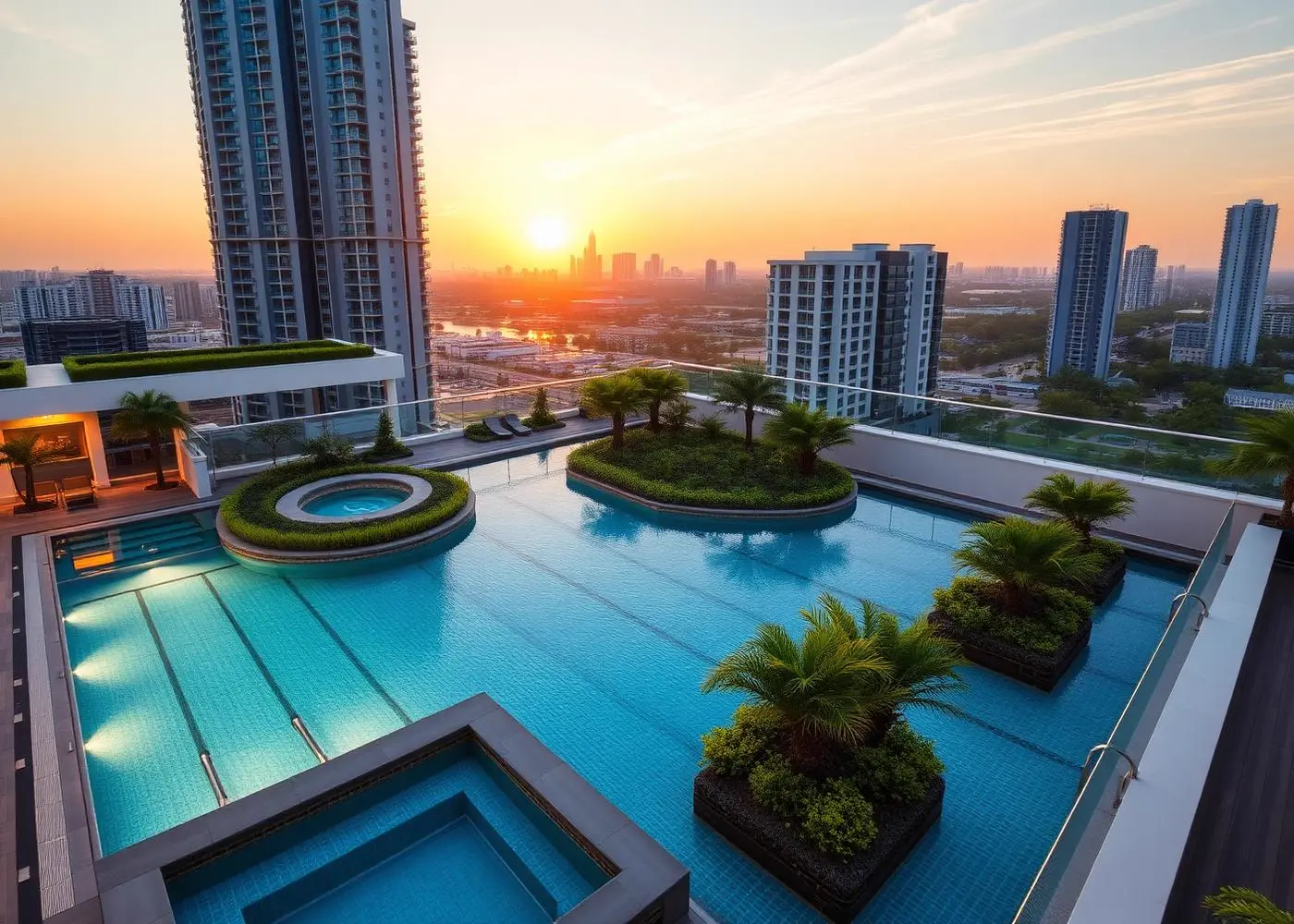 Piscina do Legend com raia semi-olímpica, ilhas verdes separando spa, prainha e piscina infantil ao pôr do sol