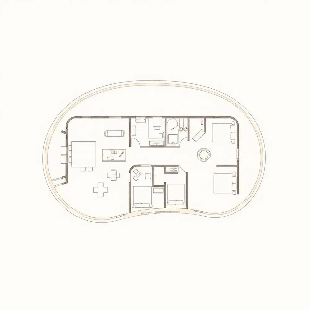 Planta baixa da tipologia de 221 m² do Legend, com paredes curvas, 4 dormitórios e living integrado