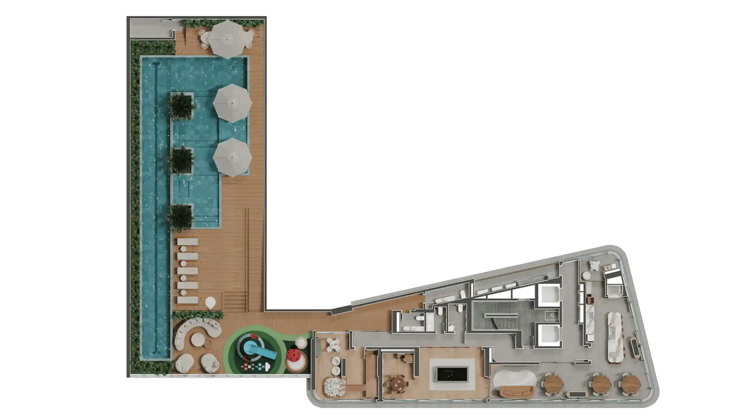 Planta do 4º pavimento do Legend, com piscina, lounge, academia e espaços de lazer
