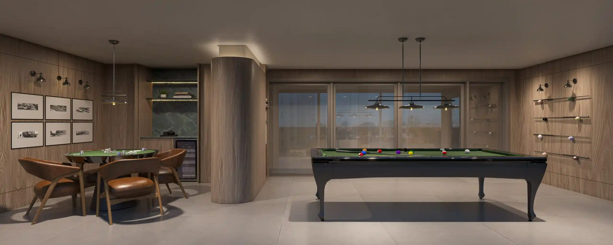 Sala de jogos do Legend com mini bar e ambientação sofisticada
