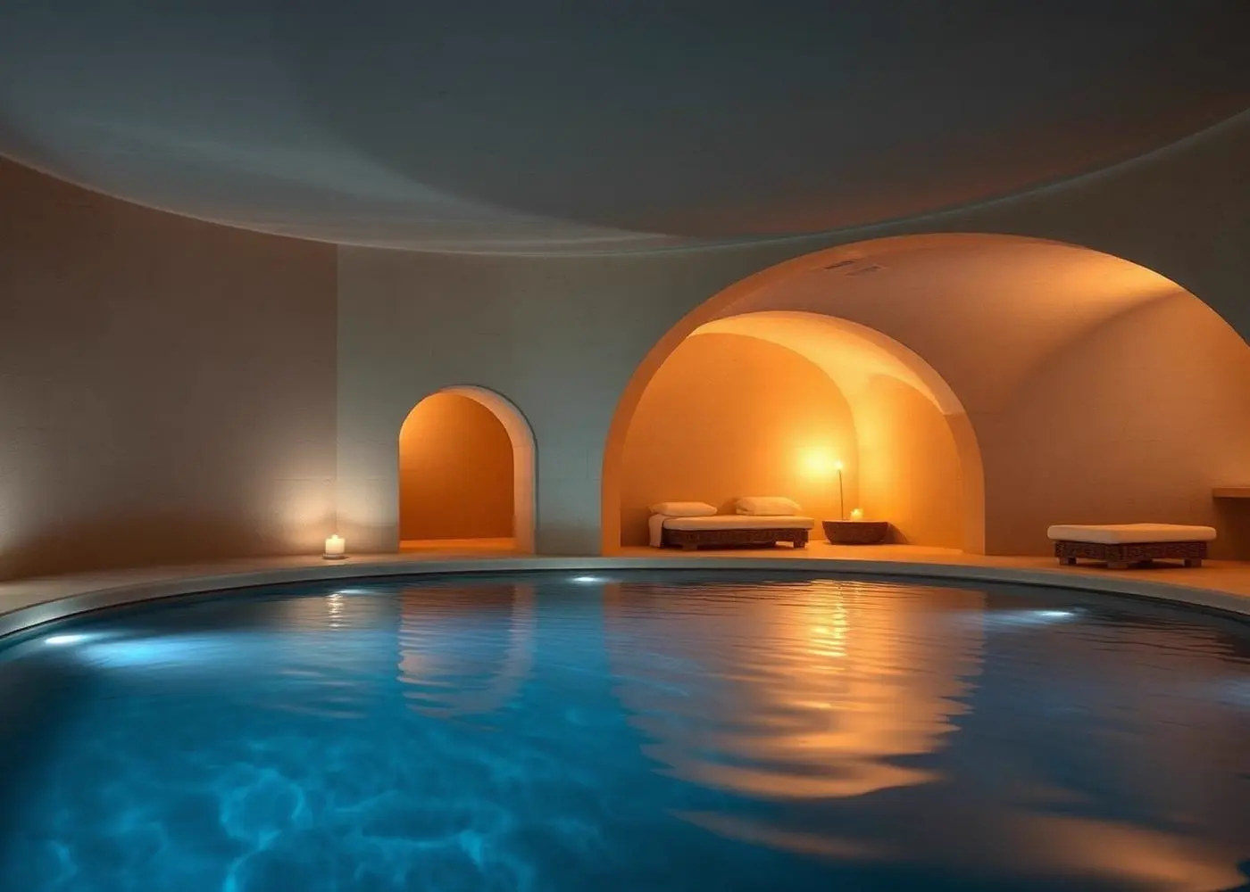 Spa do Legend com arcos curvos, iluminação quente e espelho d'água